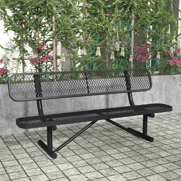 Flash Furniture Sigrid 6' Outdoor Bench w/Backrest, Metal Mesh Seat and Backrest and Steel Frame in Black w/Anchors SLF-AG4HUT2-H48L-BK-GG - main